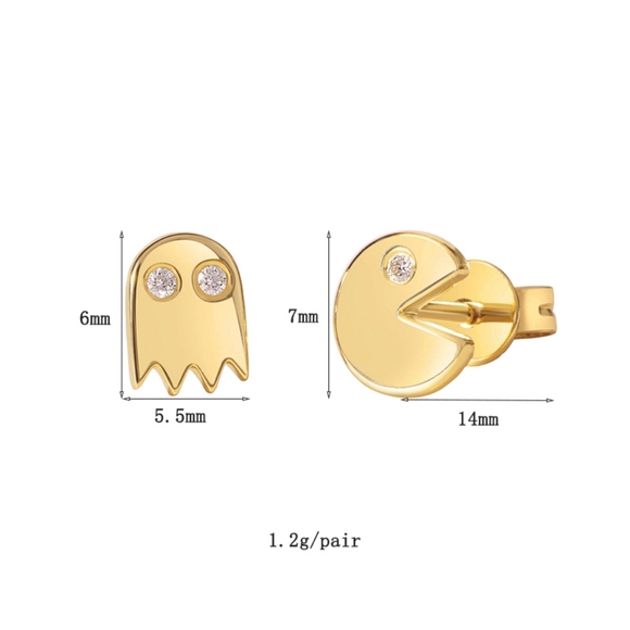 NEW 14k Gold Diamond Pac Man Stud Earrings - Picture 7 of 8